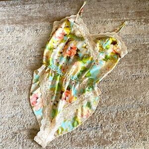 Delicates Vintage Satin Teddy Lace Trim Bodysuit Lingerie: Medium